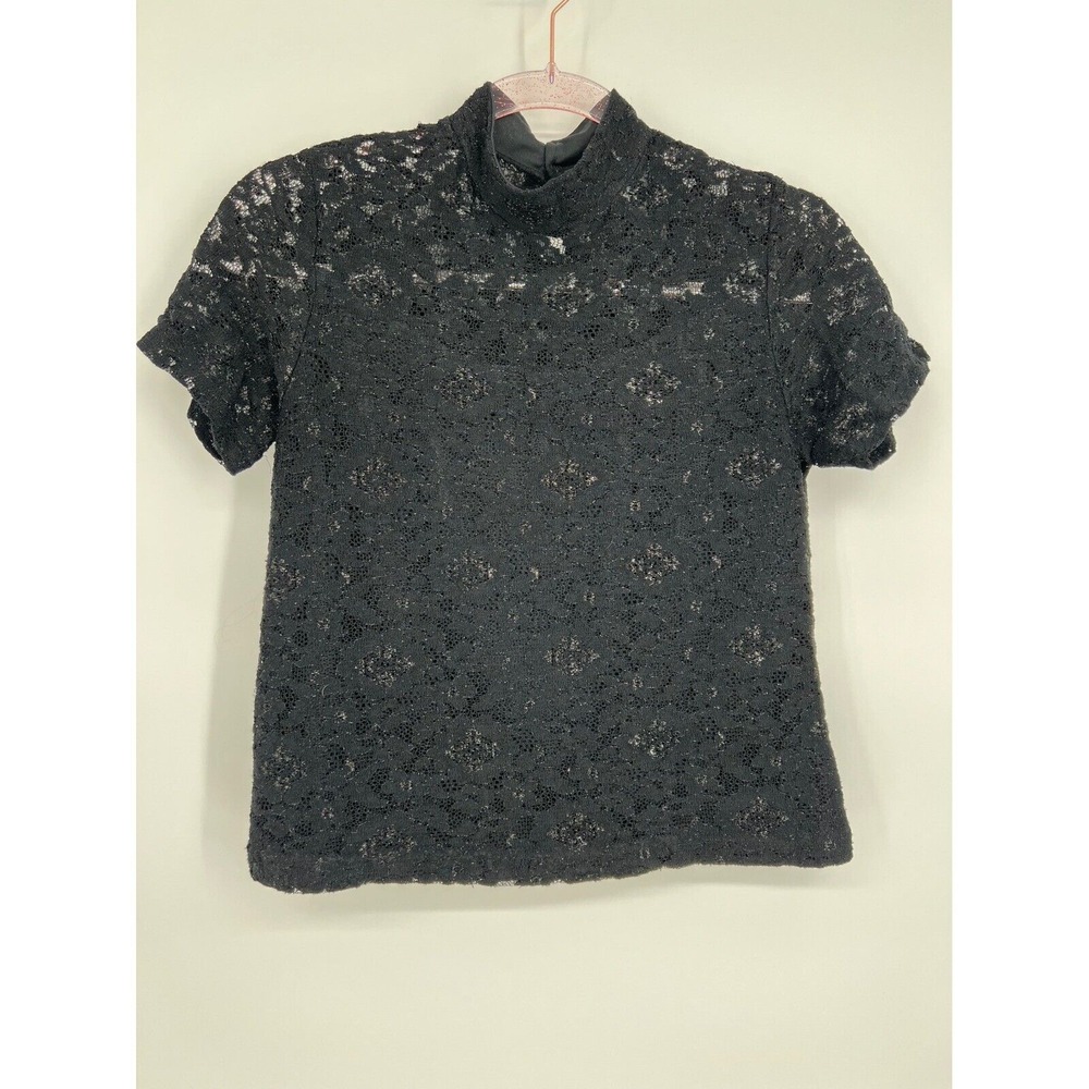 LIA Lace Top Mock Neck Short Sleeve Party Cocktail Blouse Petite Small